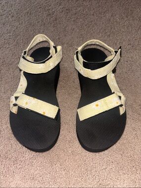 Teva Black Sandals with Pale Yellow Daisy Straps